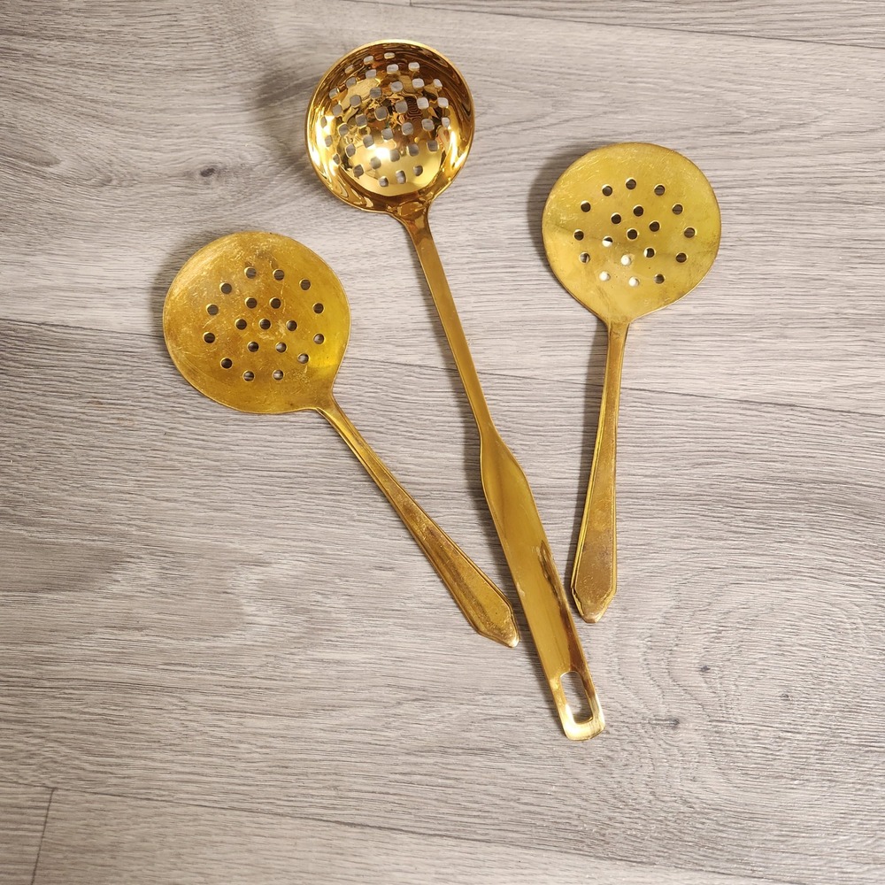 Never Used.

Brass Gold Tone Metal Slotted Spoons Skimmers Ladle Kitchen Gadgets